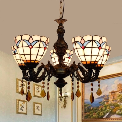 Tiffany Style Dome Chandelier with Crystal Glass 5 Lights White Hanging Light for Dining Room