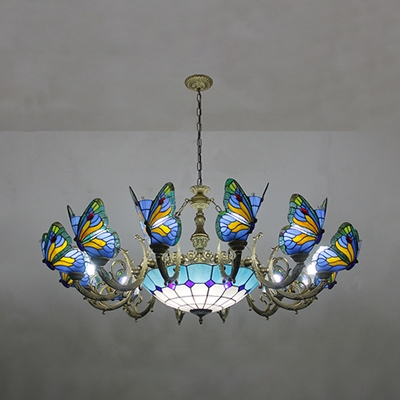 Tiffany Style Hanging Light Dome Shade 13 Lights Stained Glass Chandelier with Butterfly for Hotel