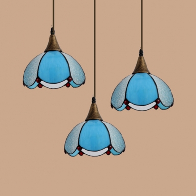 Tiffany Stylish Dome Pendant Light 3 Heads Glass Suspension Light in Blue for Study Room