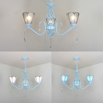 Traditional Cone Shade Pendant Light 3 Lights Blue/Clear/White Glass Chandelier with Clear Crystal