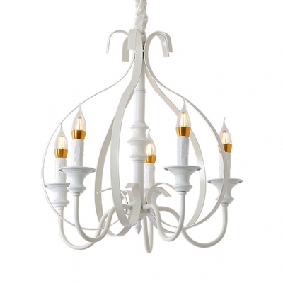 Traditional Fake Candle Pendant Light Metal 5 Lights White Chandelier for Living Room