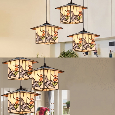 Vintage Style Lodge Hanging Light with Bird 3 Lights Stained Glass Hanging Lamp for Kid Bedroom