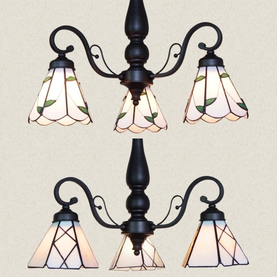 White Cone Hanging Lamp with Check/Leaf 3 Lights Traditional Glass Metal Chandelier for Kitchen