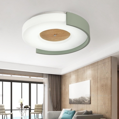 Wood Concentric Circles Flush Ceiling Light Modern LED Ceiling Fixture in Green/Pink/Yellow for Kindergarten
