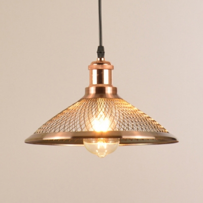 1 Light Etched Cone Pendant Light Antique Style Mesh Screen Hanging Light in Rose Gold for Kitchen