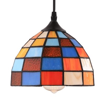 1 Light Grid Bowl Hanging Light Tiffany Style Stained Glass Ceiling Pendant with Plug In Cord for Stair