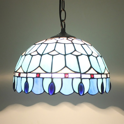 1 Light Peacock Tail Pendant Light Tiffany Antique Stained Glass Hanging Light in Blue for Foyer