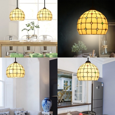 10.5 Inch Grid Globe Pendant Lamp Tiffany Traditional Glass Hanging Light with Colorful Beads for Restaurant
