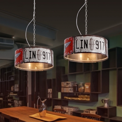 3 Heads Round Box Chandelier Industrial Metal Hanging Light in Red & White for Restaurant
