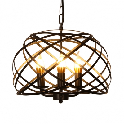 3 Lights Candle Chandelier with Cage Industrial Style Metal Ceiling Pendant in Black for Restaurant
