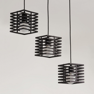 3 Lights Square Wire Suspension Light Industrial Metal Hanging Light in Black/White for Foyer
