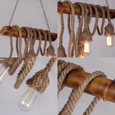 4 Heads Open Bulb Island Pendant Country Style Bamboo & Rope Island Light in Beige for Cafe