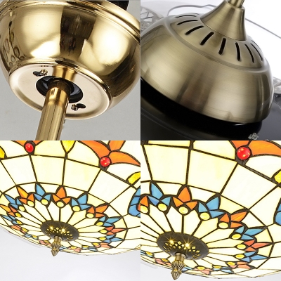 42 Inch Tiffany Semi Flush Mount Light with Invisible Blade Stained Glass LED Ceiling Fan for Bedroom