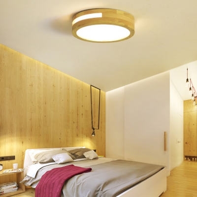 Beige Circle LED Flush Mount Light Asian Style Wood Acrylic Ceiling Lamp in Warm/White for Bedroom