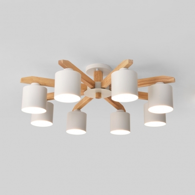 Cylinder Shade Living Room Ceiling Light Wood 5/6/8 Lights Contemporary LED Semi Flush Light in White