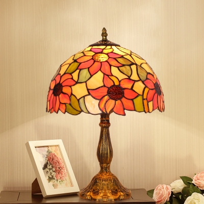 1 Light Umbrella Desk Light Rustic Style Stained Glass Table Lamp with Sunflower for Villa