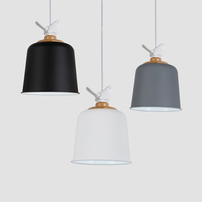 One Light Bell Shade Hanging Light with Bird Modern Macaron Metal Pendant Lamp in Black/Gray/White for Balcony