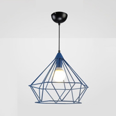 Metal Diamond Cage Ceiling Pendant Living Room One Light Industrial Hanging Light in Blue/Red