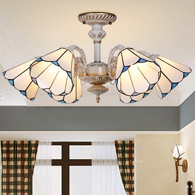 6/8 Lights Cone Chandelier Tiffany Style Antique Glass Hanging Light in White for Bedroom