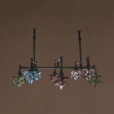 8 Lights Pipe Star Hanging Light Tiffany Style Industrial Stained Glass Chandelier for Hotel