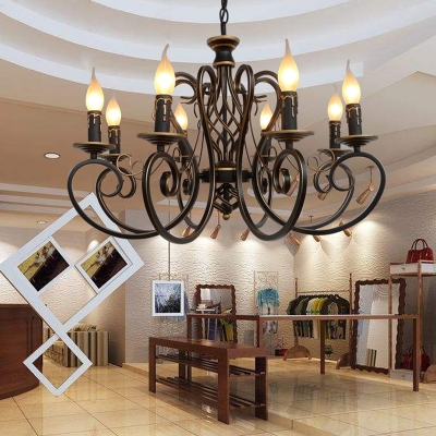 Antique Flameless Candle Chandelier Metal 6/8 Lights Black Suspension Light for Living Room