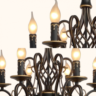 Antique Flameless Candle Chandelier Metal 6/8 Lights Black Suspension Light for Living Room