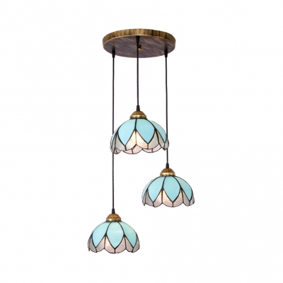 Art Glass Bowl Pendant Light Cloth Shop 3 Lights Tiffany Traditional Hanging Light in Blue/Pink/Yellow