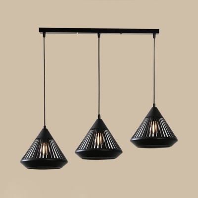 Black Hollow Cone Hanging Light Linear/Round Canopy 3 Lights Vintage Metal Ceiling Lamp for Shop