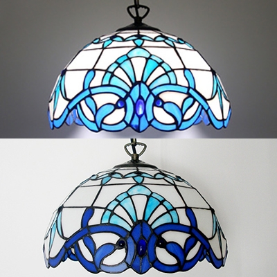 Bowl Shade Dining Table Pendant Light Stained Glass 1 Light Nautical Style Hanging Light in Blue