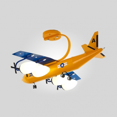 Boys Bedroom Airplane Suspension Light Metal 4 Lights Contemporary Kids Yellow Ceiling Fixture