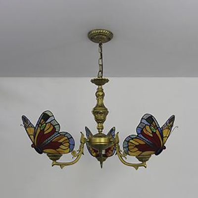 Butterfly Bedroom Ceiling Lamp Glass 3 Lights Tiffany Style Blue/Colorful/Red/White Chandelier
