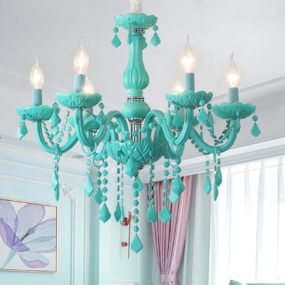Candle Girl Bedroom Pendant Light Glass 6 Lights Macaron Chandelier in Blue/Green/Pink
