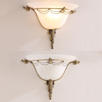 Colonial Style Bell Shade Wall Lamp 1 Light Frosted Glass Engraved Sconce Lamp in White for Restaurant
