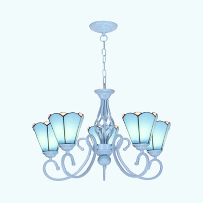 Cone Dining Room Chandelier Light Glass 5 Lights Traditional Pendant Lamp in Blue/White
