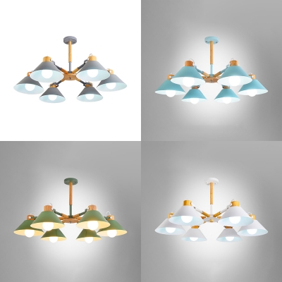 Cone Living Room Ceiling Light Metal 6 Lights Nordic Style Chandelier in Macaron White/Green/Blue/Gray