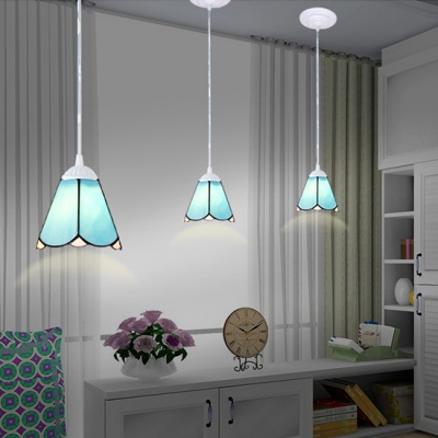 Contemporary Conical Pendant Lamp 1 Light Blue Glass Suspension Light with White Chain for Dining Room
