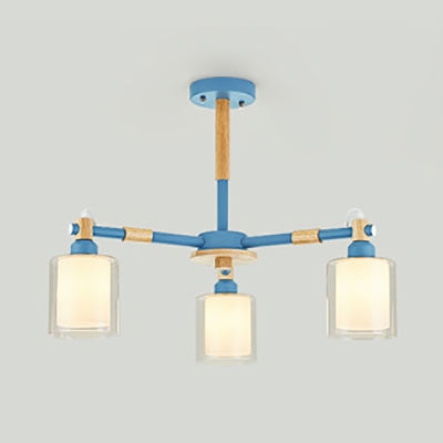 Cylinder Child Bedroom Chandelier Glass 3 Lights Simple Style Pendant Light with Macaron Color