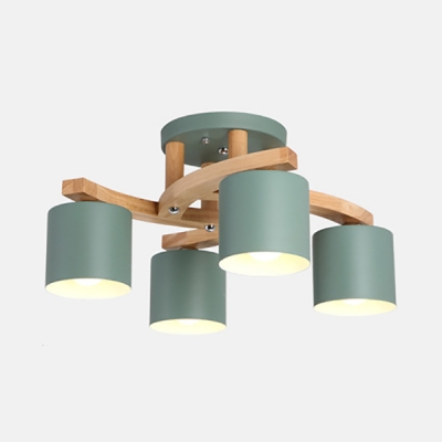 Cylinder Dining Room Ceiling Light Metal 4 Lights Nordic Style Semi Flush Mount Light in Macaron Green