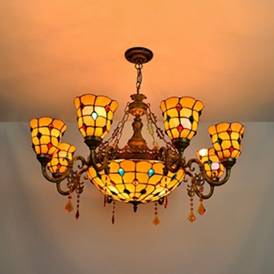 Dome Living Room Chandelier Glass 9 Lights Vintage Style Pendant Lamp with Colorful Bead & Crystal