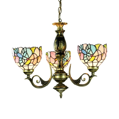 Domed Shade Suspension Light 3 Lights Tiffany Style Stained Glass Chandelier for Coffee Shop
