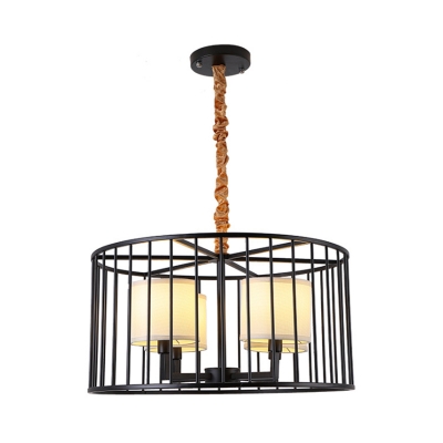 Fabric Drum Pendant Lamp with Cage 4 Lights American Rustic Chandelier in Black for Restaurant