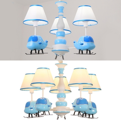 Fabric Tapered Shade Chandelier with Cartoon Airplane 3/5 Lights Cute Suspension Light in Blue for Bedroom