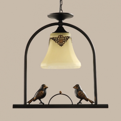 Frosted Glass Bell Shade Pendant Light 1 Light American Rustic Hanging Lamp with Bird for Balcony