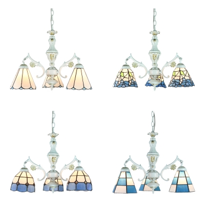 Glass Cone/Dome Chandelier Restaurant 3 Lights Mediterranean Style Suspension Light in Blue/White