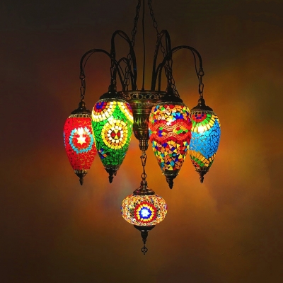 Glass Oval & Teardrop Chandelier 7 Lights Moroccan Mosaic Hanging Light for Living Room