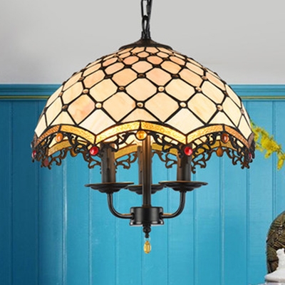 Grid Dome Cafe Pendant Light with Fake Candle Glass 3 Lights Antique Style Hanging Light in Beige