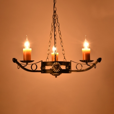Fake Candle Stair Chandelier Wrought Iron 3 Heads Retro Loft Pendant Lamp in Aged Brass