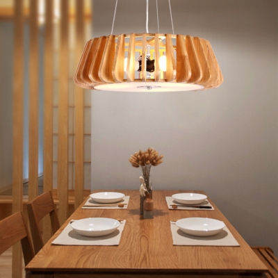 Hollow Drum Dining Room Chandelier Wood Three Lights Japanese Stylish Hanging Lamp in Beige