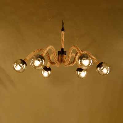 Industrial Beige Chandelier with Orb Shade 6 Lights Manila Rope Pendant Lamp for Cloth Shop