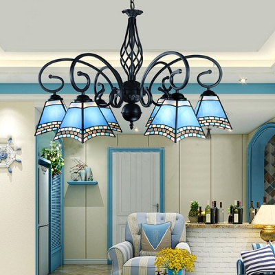 Mediterranean Style Blue Chandelier Craftsman Shade 6 Lights Glass Hanging Lamp for Restaurant